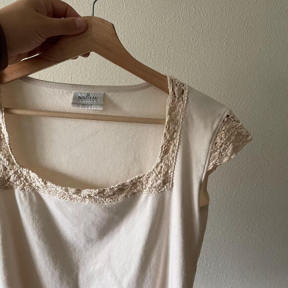 90s vintage cream cotton tshirt crochet details square neck | size M - Picture 5 of 6